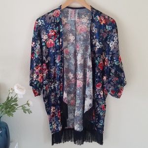 Mauve Floral Velvet Kimono with Fringe - Size L